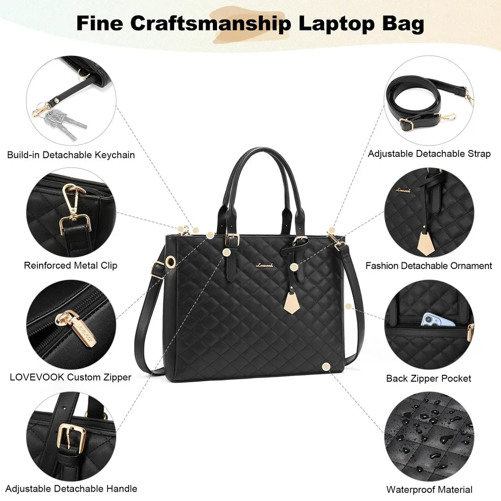 HKM-583571 Quilted PU Leather Laptop Briefcase and Tote Bag Set for Women - Fits 15.6 Inch Laptops