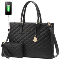 HKM-583571 Quilted PU Leather Laptop Briefcase and Tote Bag Set for Women - Fits 15.6 Inch Laptops