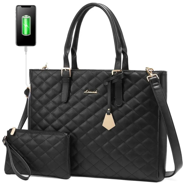 HKM-583571 Quilted PU Leather Laptop Briefcase and Tote Bag Set for Women - Fits 15.6 Inch Laptops