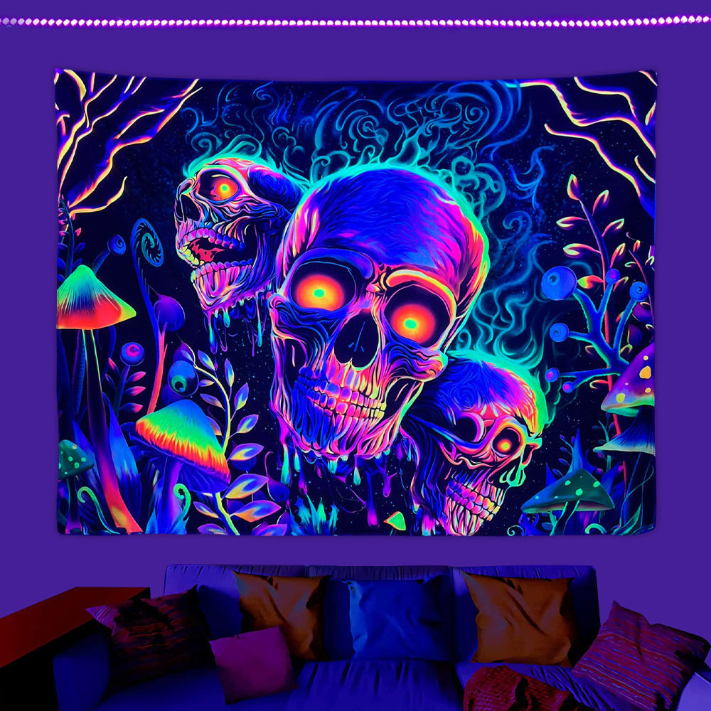HKM-583699 Fluorescent Skull Geometric Abstract Tapestry - UV Black Light Background Fabric