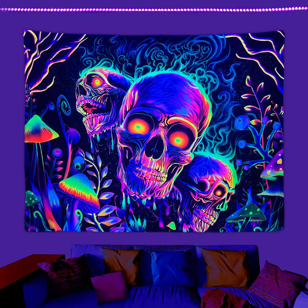 HKM-583699 Fluorescent Skull Geometric Abstract Tapestry - UV Black Light Background Fabric