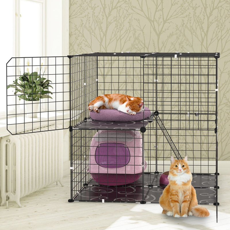 HKM-5837373 2-Tier Cat Cage Playpen with Climbing Ladder and Dual Doors for Small Pets, Detachable Indoor Enclosure for Cats, Ferrets, and More