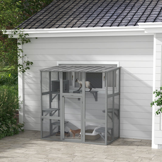 HKM-5837757 Spacious Gray Wooden Cat Enclosure with Bridge Platforms and Resting Box