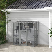 HKM-5837757 Spacious Gray Wooden Cat Enclosure with Bridge Platforms and Resting Box