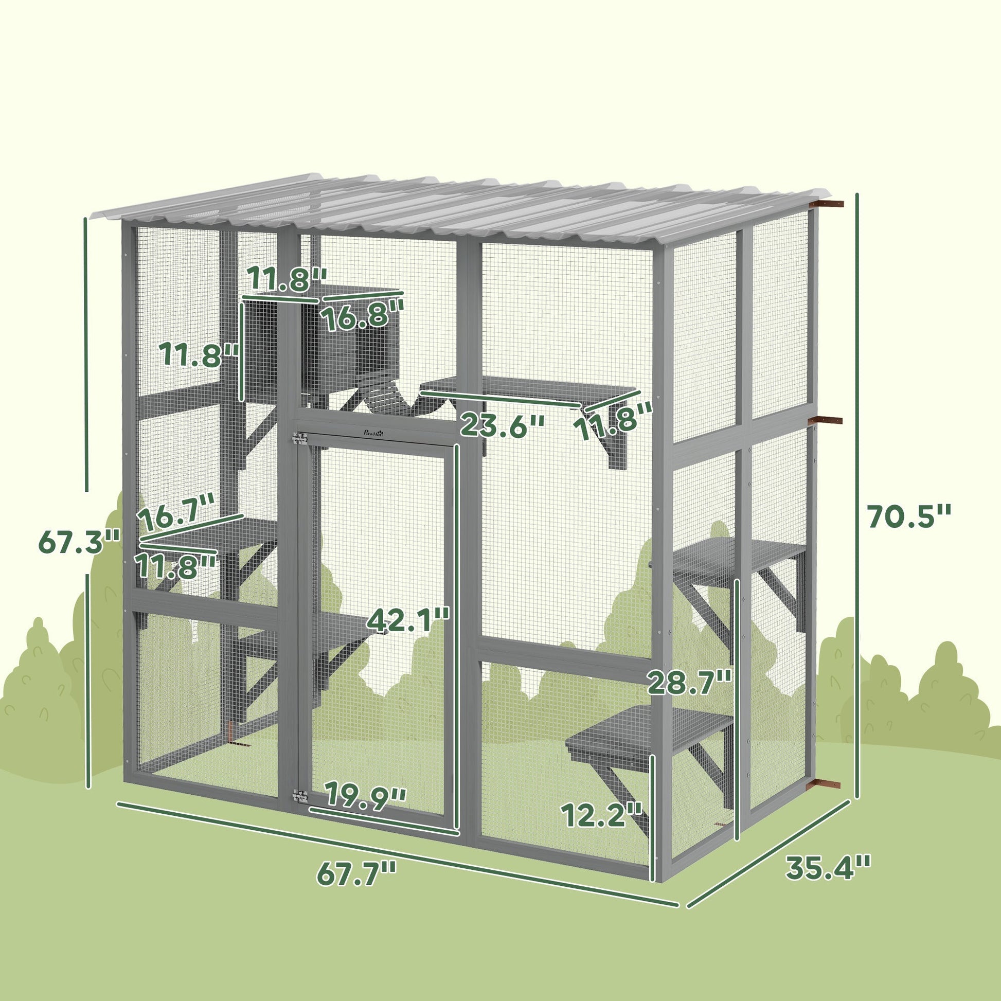 HKM-5837757 Spacious Gray Wooden Cat Enclosure with Bridge Platforms and Resting Box