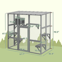 HKM-5837757 Spacious Gray Wooden Cat Enclosure with Bridge Platforms and Resting Box