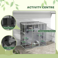 HKM-5837757 Spacious Gray Wooden Cat Enclosure with Bridge Platforms and Resting Box