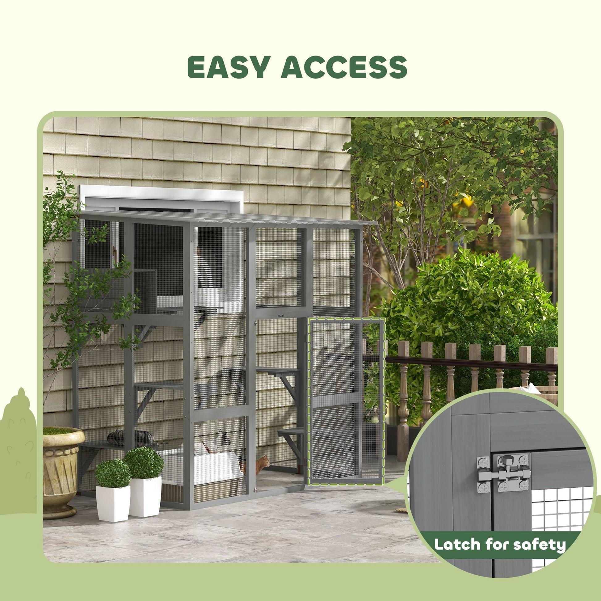 HKM-5837757 Spacious Gray Wooden Cat Enclosure with Bridge Platforms and Resting Box