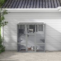 HKM-5837757 Spacious Gray Wooden Cat Enclosure with Bridge Platforms and Resting Box