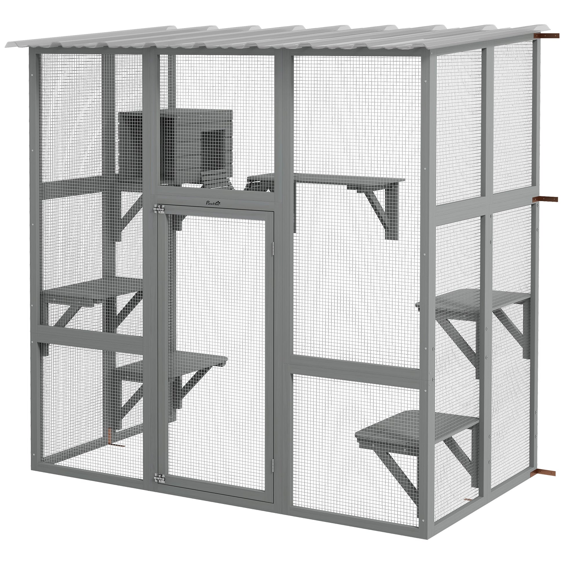 HKM-5837757 Spacious Gray Wooden Cat Enclosure with Bridge Platforms and Resting Box