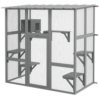 HKM-5837757 Spacious Gray Wooden Cat Enclosure with Bridge Platforms and Resting Box