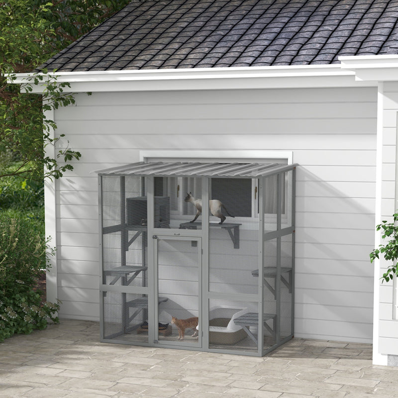 HKM-5837757 Spacious Gray Wooden Cat Enclosure with Bridge Platforms and Resting Box