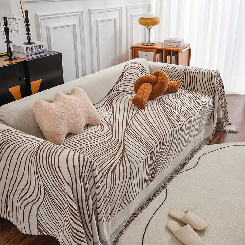 HKM-583827 Chenille Line Sofa Cover with Tassel Blanket for Home Décor
