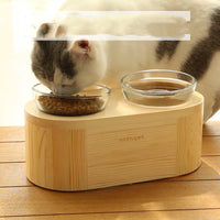 HKM-5839677 Solid Wood Double Bowl Cat Feeder with Tempered Glass, Vertical Design, Pine, 320ml Capacity