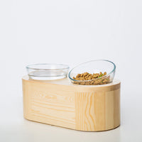 HKM-5839677 Solid Wood Double Bowl Cat Feeder with Tempered Glass, Vertical Design, Pine, 320ml Capacity