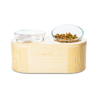 HKM-5839677 Solid Wood Double Bowl Cat Feeder with Tempered Glass, Vertical Design, Pine, 320ml Capacity