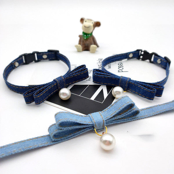 HKM-5841469 Adjustable Denim Cat and Dog Collar with Pearl Bell - Multiple Sizes and Colors Available