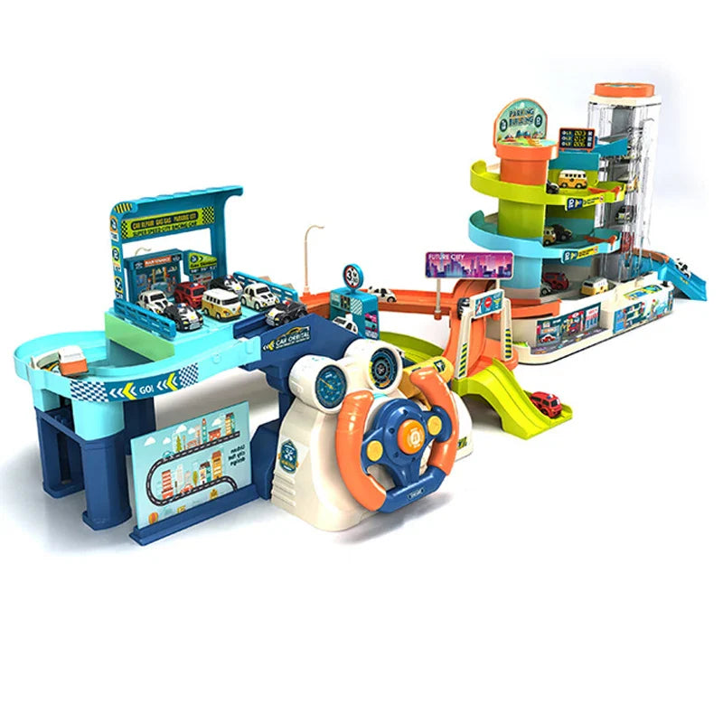 HKM-584275 Urban Rail Traffic Slot Parking Lot Toy for Kids - DIY Assembly Car Track with Steering Wheel - Ages 3+