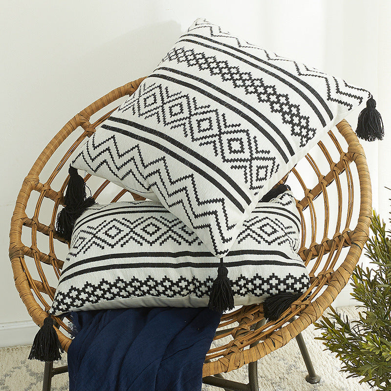 HKM-584403 Nordic Chenille Geometric Throw Pillow with Jacquard Tassel in Black and White - Available in Two Sizes