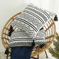 HKM-584403 Nordic Chenille Geometric Throw Pillow with Jacquard Tassel in Black and White - Available in Two Sizes