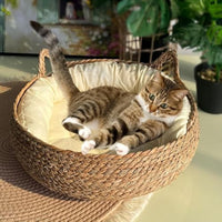 HKM-584851 Handmade Natural Woven Cat Bed with Soft Cushioned Interior – Eco-Friendly Braided Cattail Leaf Design