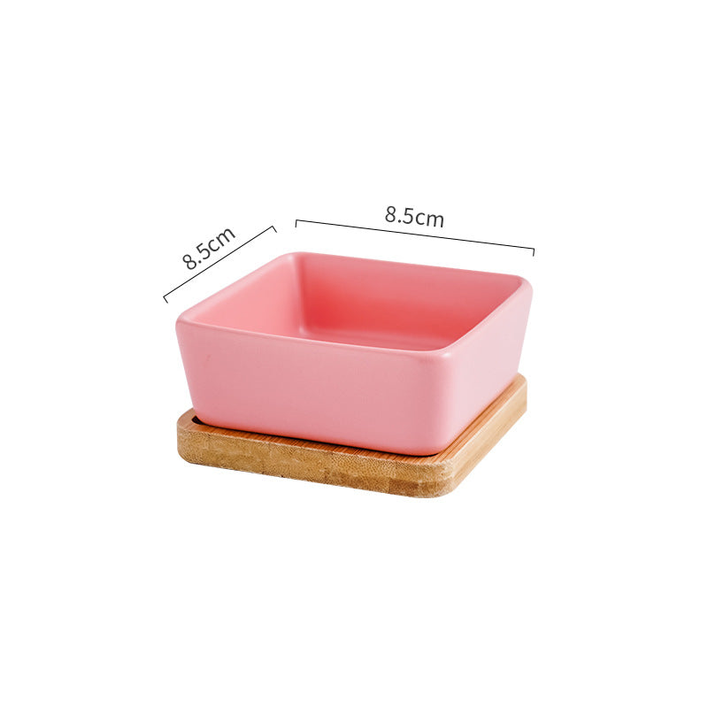 HKM-5849405 Ceramic Cat Bowl with Wooden Support - Anti-Tip Design, Various Colors & Styles