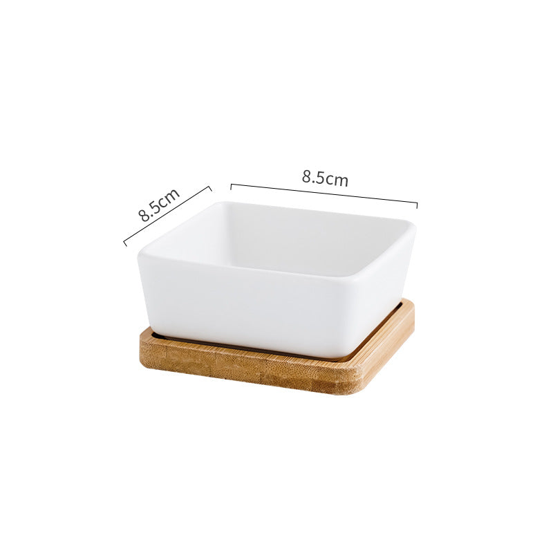 HKM-5849405 Ceramic Cat Bowl with Wooden Support - Anti-Tip Design, Various Colors & Styles