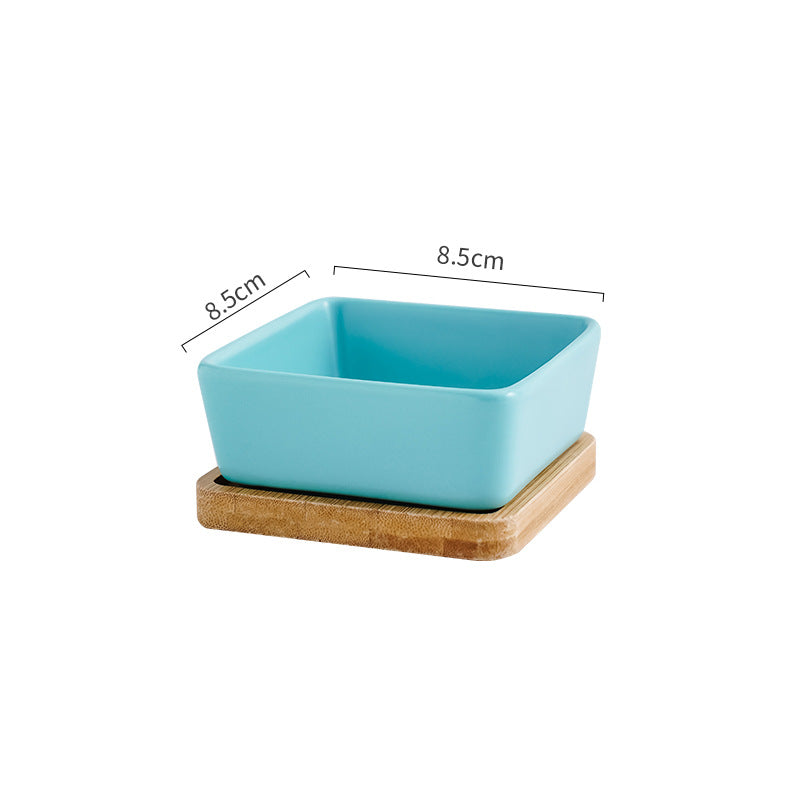 HKM-5849405 Ceramic Cat Bowl with Wooden Support - Anti-Tip Design, Various Colors & Styles