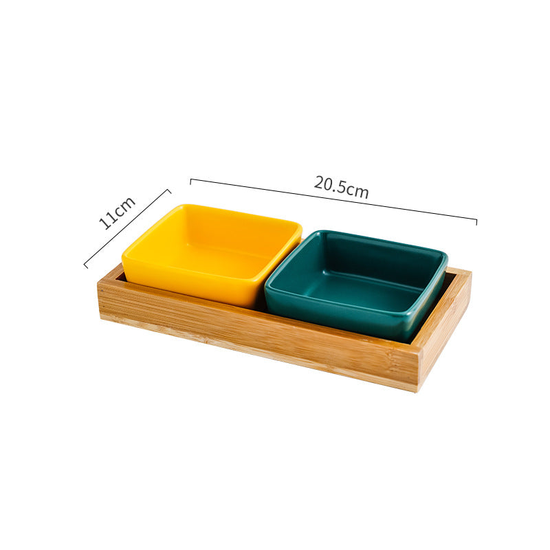 HKM-5849405 Ceramic Cat Bowl with Wooden Support - Anti-Tip Design, Various Colors & Styles