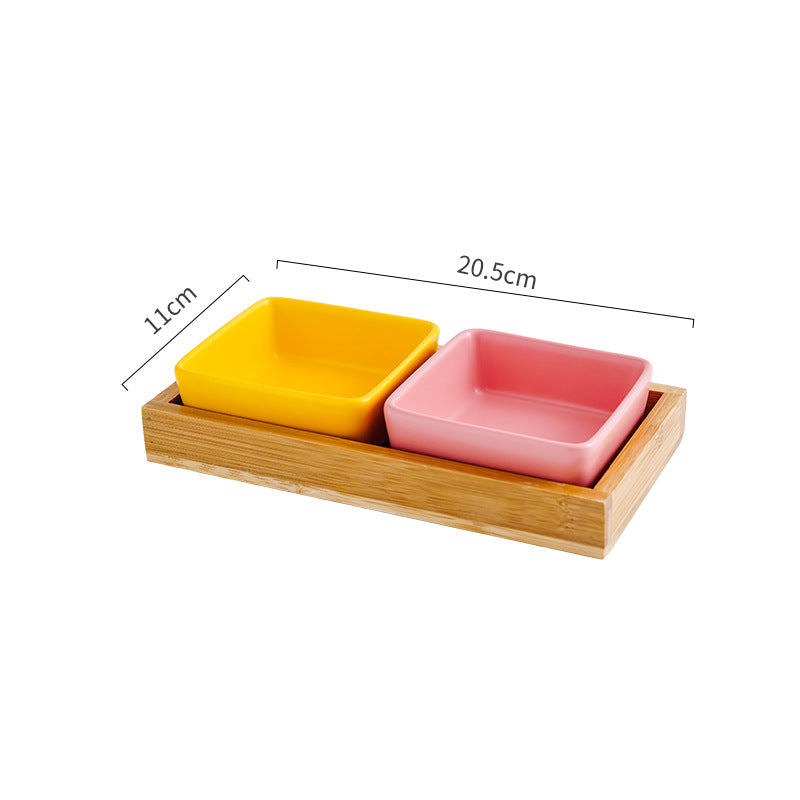 HKM-5849405 Ceramic Cat Bowl with Wooden Support - Anti-Tip Design, Various Colors & Styles