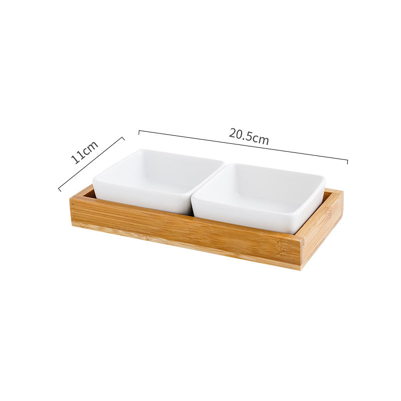 HKM-5849405 Ceramic Cat Bowl with Wooden Support - Anti-Tip Design, Various Colors & Styles