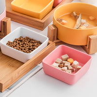 HKM-5849405 Ceramic Cat Bowl with Wooden Support - Anti-Tip Design, Various Colors & Styles