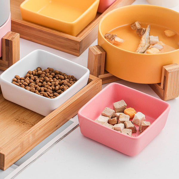 HKM-5849405 Ceramic Cat Bowl with Wooden Support - Anti-Tip Design, Various Colors & Styles