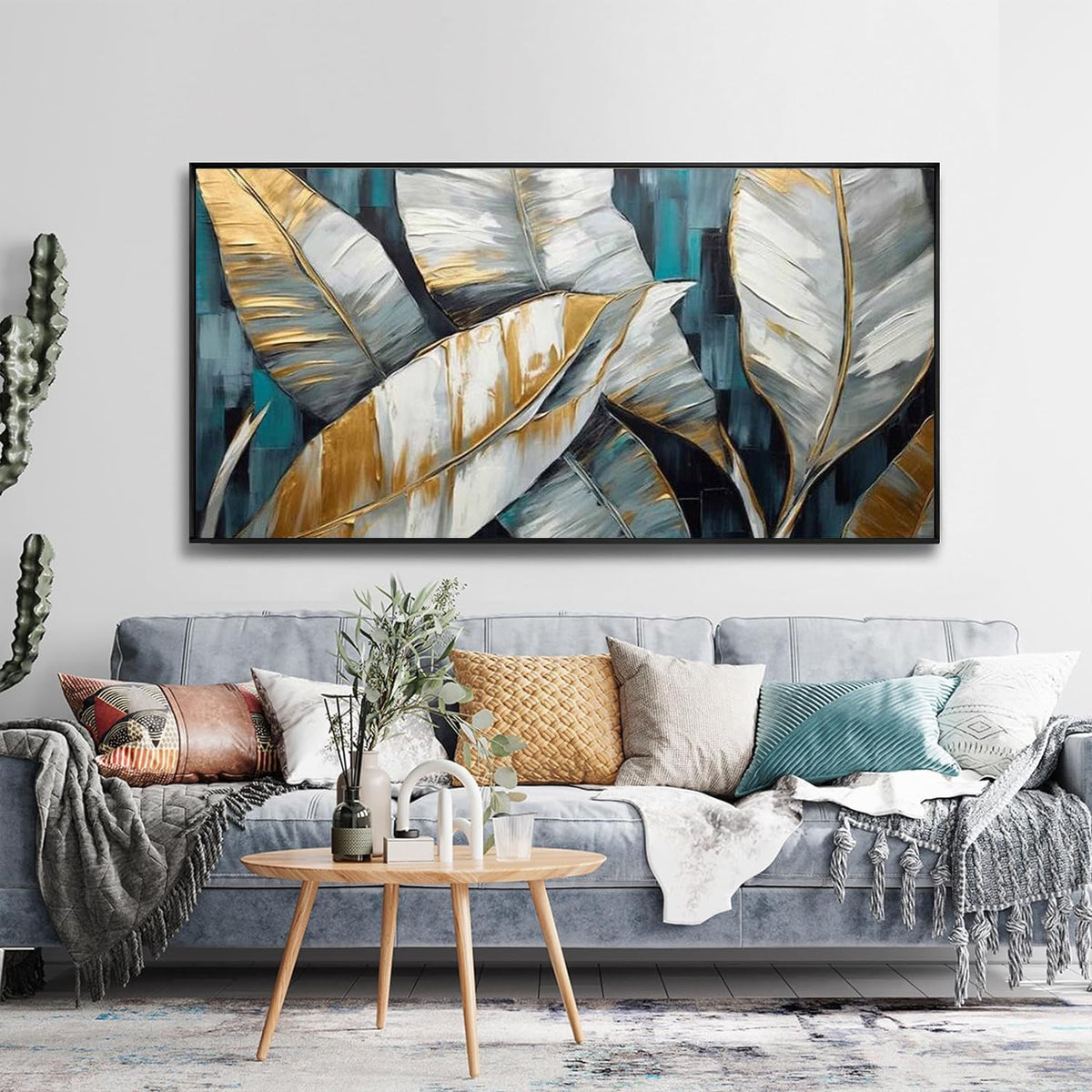 HKM-585107 Abstract Golden Green Banana Leaves Oil Painting on Canvas - Unframed Modern Wall Art for Living and Bedroom Décor