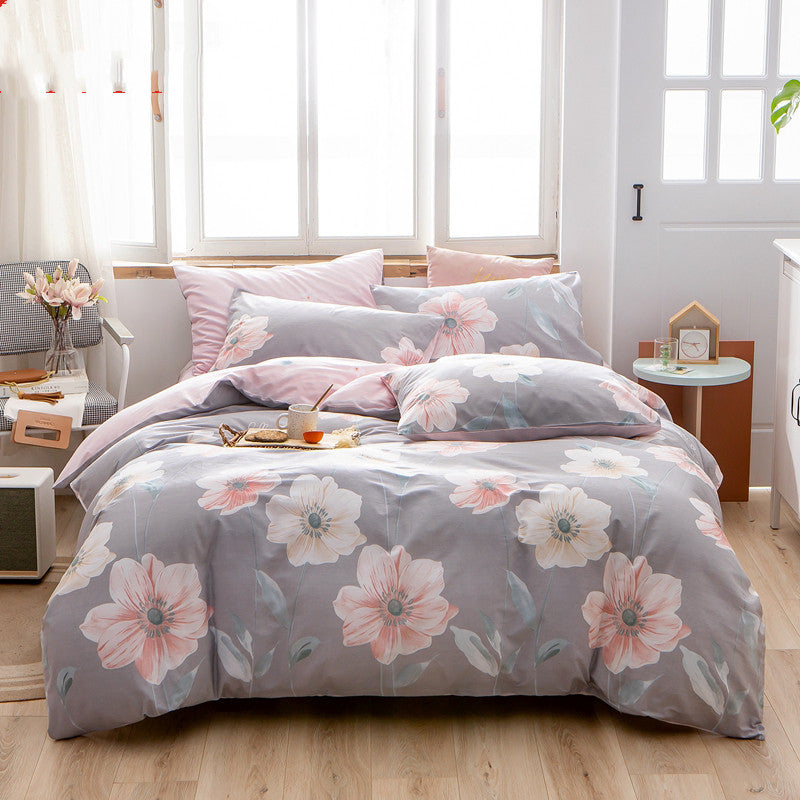 HKM-585171 Cotton 4-Piece Bedding Set with Floral and Plant Patterns