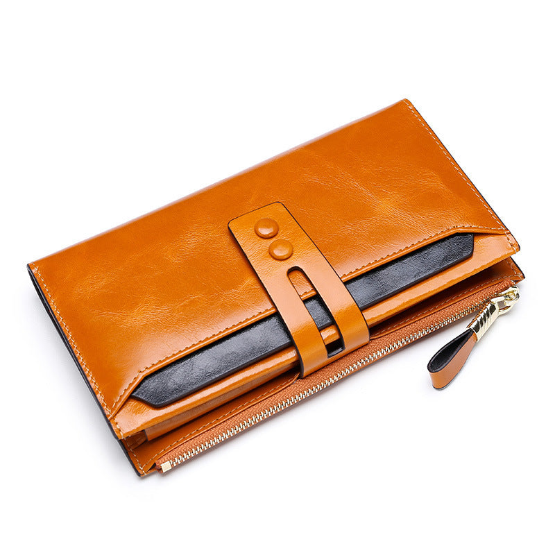 HKM-585235 Long Oil Wax Leather Wallet with Multi Card Slots and Zippered Compartment for Women