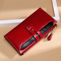 HKM-585235 Long Oil Wax Leather Wallet with Multi Card Slots and Zippered Compartment for Women