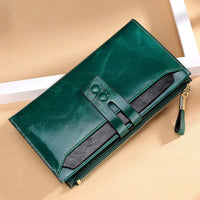 HKM-585235 Long Oil Wax Leather Wallet with Multi Card Slots and Zippered Compartment for Women