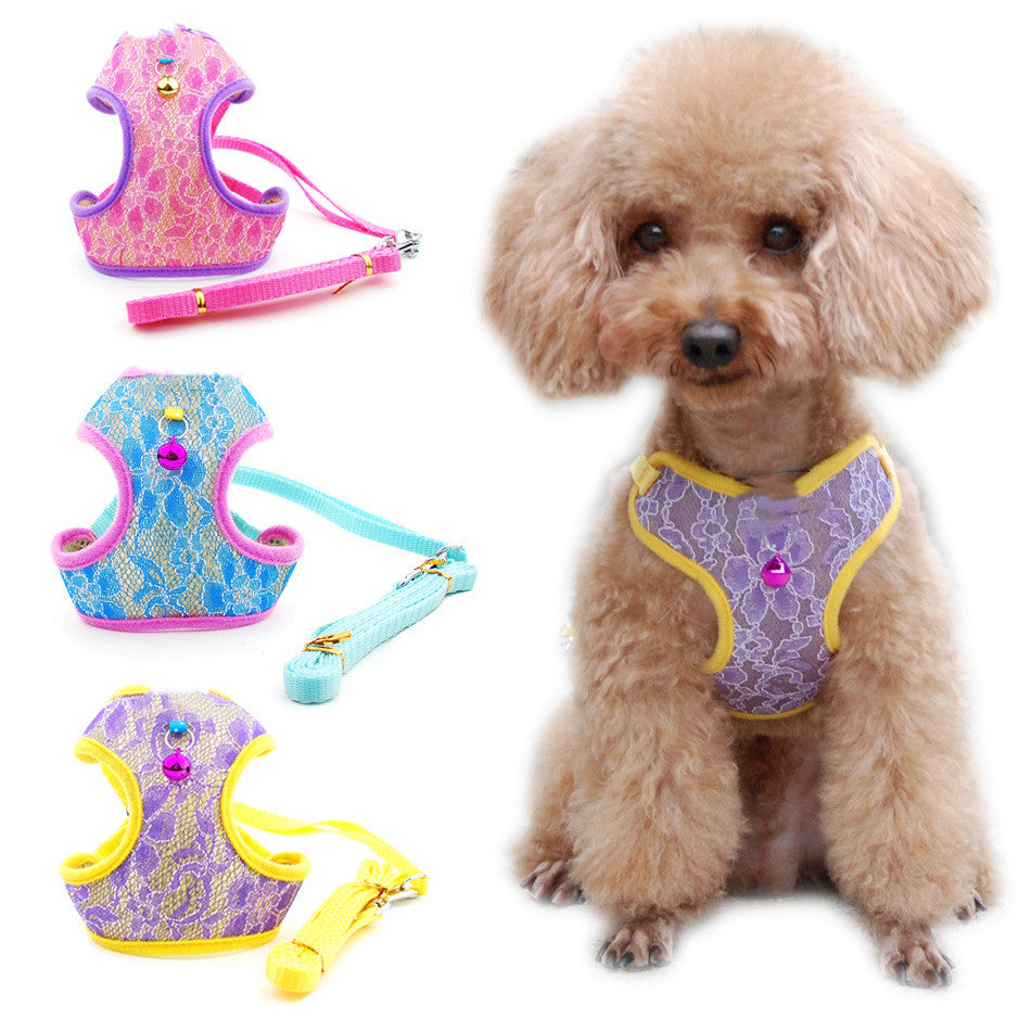 HKM-5854269 Pet Dog and Cat Lace Trim Undershirt Leash Chest Harness - Blue, Purple, Rose - Multiple Sizes Available