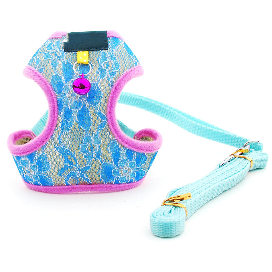 HKM-5854269 Pet Dog and Cat Lace Trim Undershirt Leash Chest Harness - Blue, Purple, Rose - Multiple Sizes Available