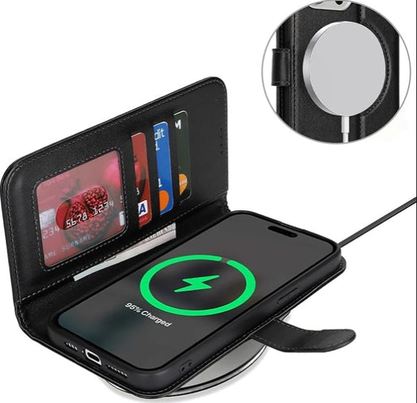 HKM-585427 Leather Wireless Power Bank Wallet with Magnetic Charging and 4 Card Slots