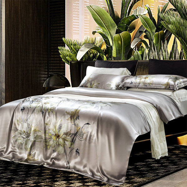HKM-585491 Digital Printed Four-Piece Bedding Set with Plant and Flower Design, Silk Material, 220x240cm