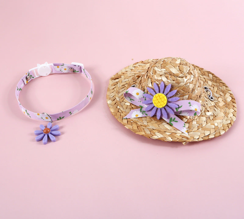 HKM-585875 Small Daisy Sun Flower Bell Funny Cat Stick Collar Bow Straw Hat