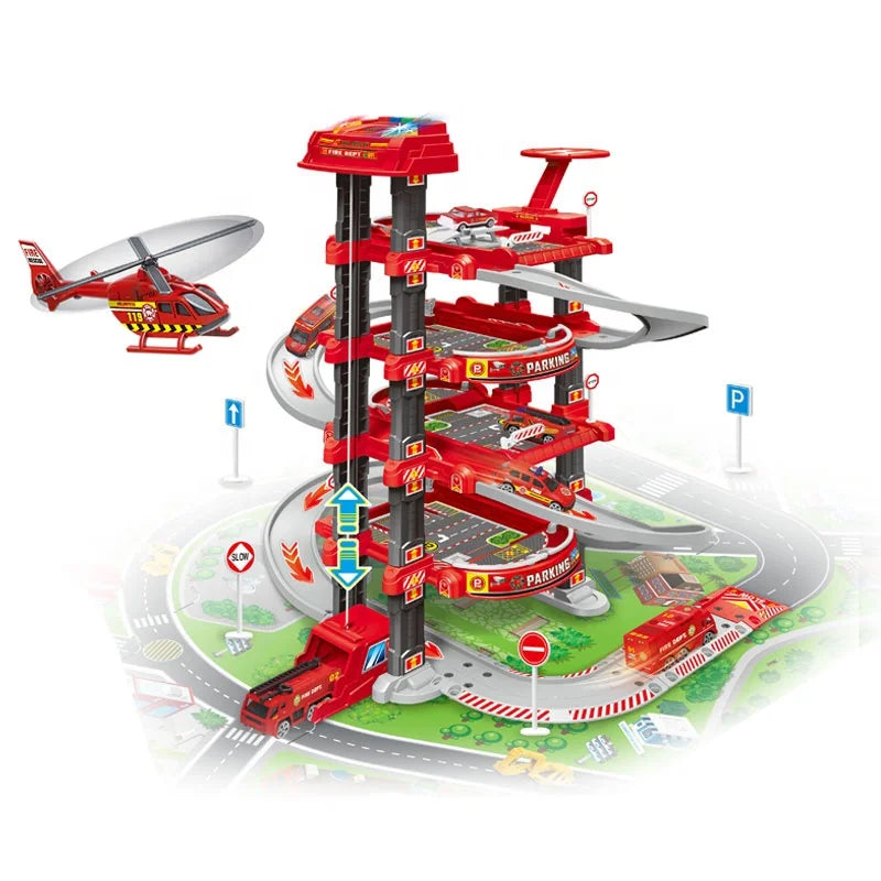 HKM-586131 Electric Fire Scene Toy Parking Lot for Kids Ages 2 to 7 - Includes Lights, Durable Plastic Construction