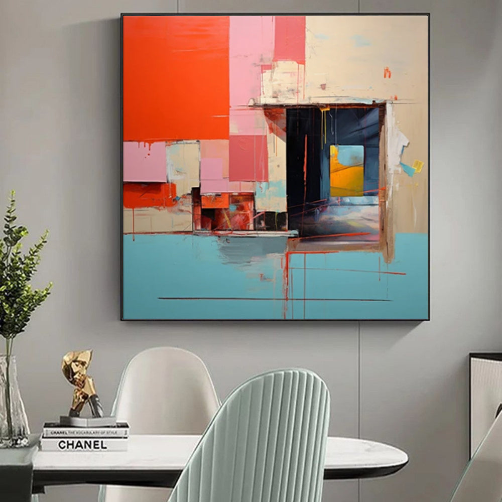 HKM-586259 Vibrant Abstract Handmade Oil Painting on Canvas - Blue and Yellow Wall Art for Home Decor