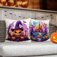 HKM-586323 Skull Pumpkin Halloween Linen Pillow Cover - 45x45cm Decorative Cushion Case