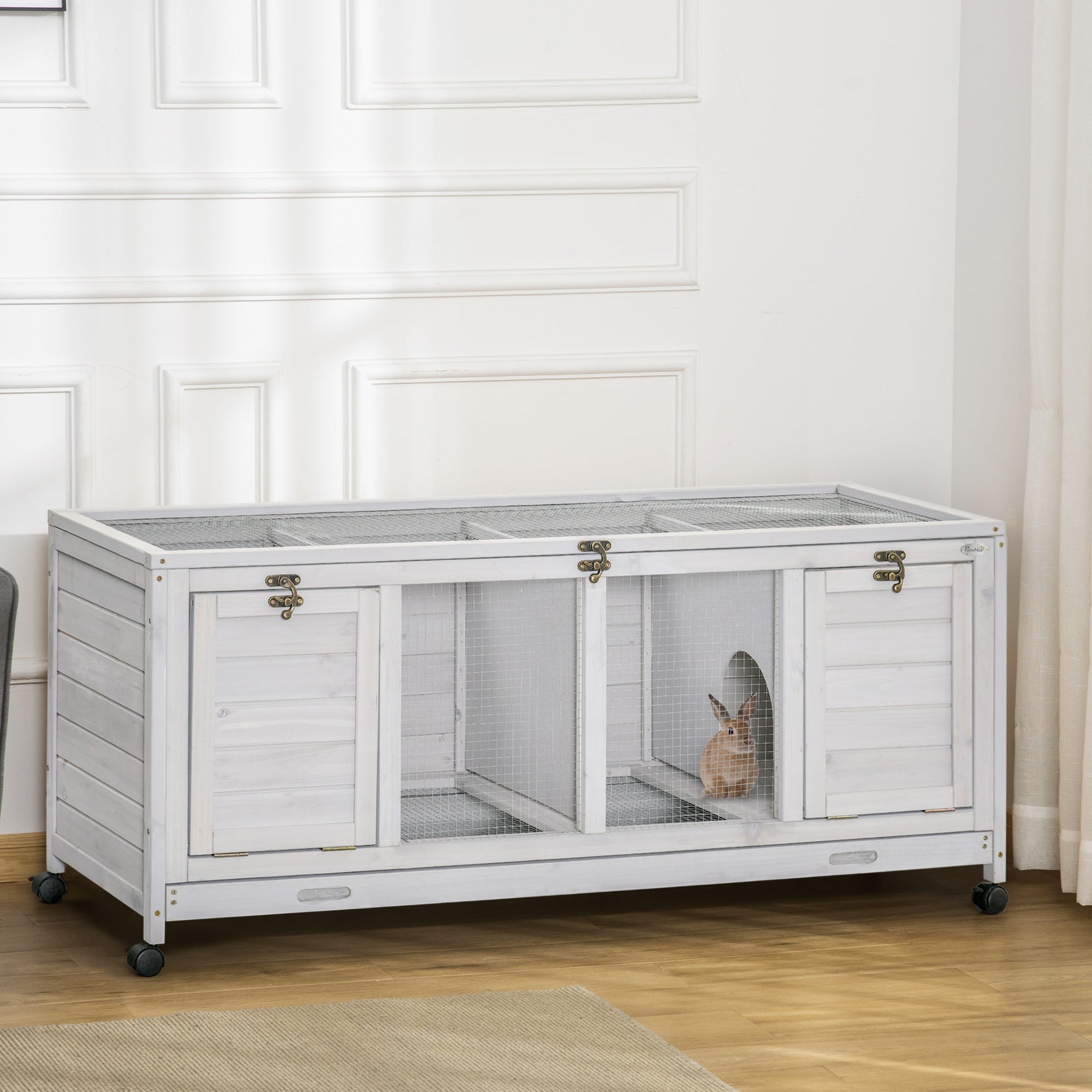 HKM-5864381 Spacious Rabbit Hutch with Wheels and Lockable Doors in Light Gray