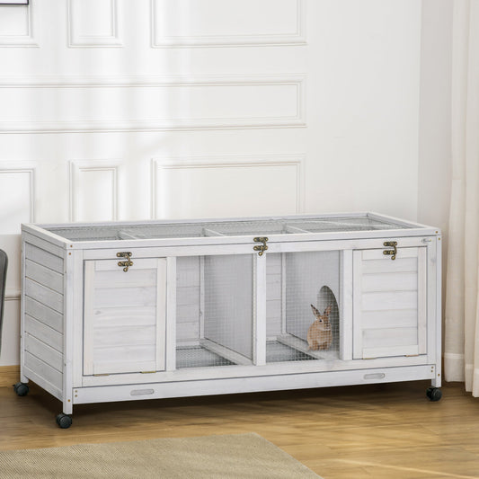 HKM-5864381 Spacious Rabbit Hutch with Wheels and Lockable Doors in Light Gray