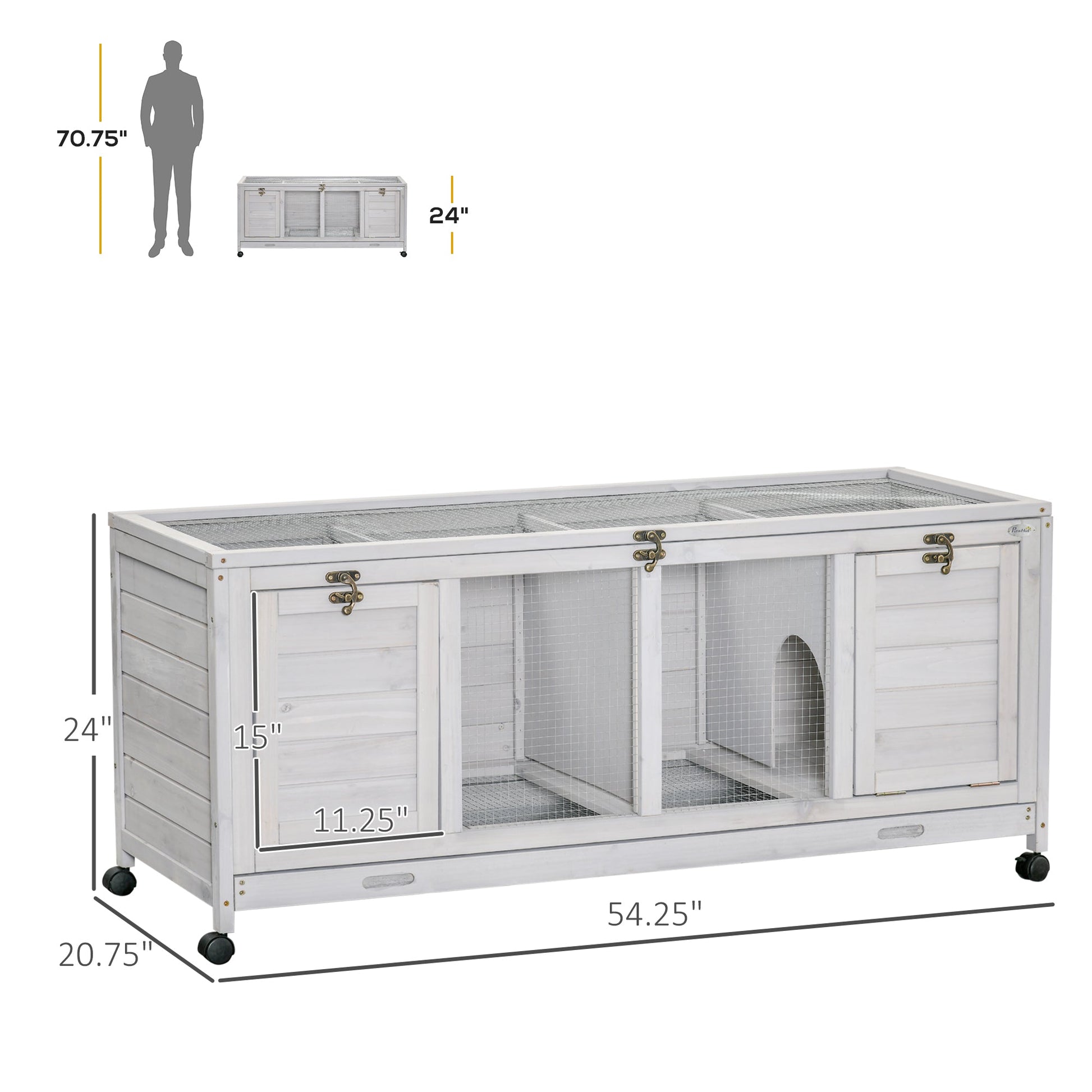 HKM-5864381 Spacious Rabbit Hutch with Wheels and Lockable Doors in Light Gray