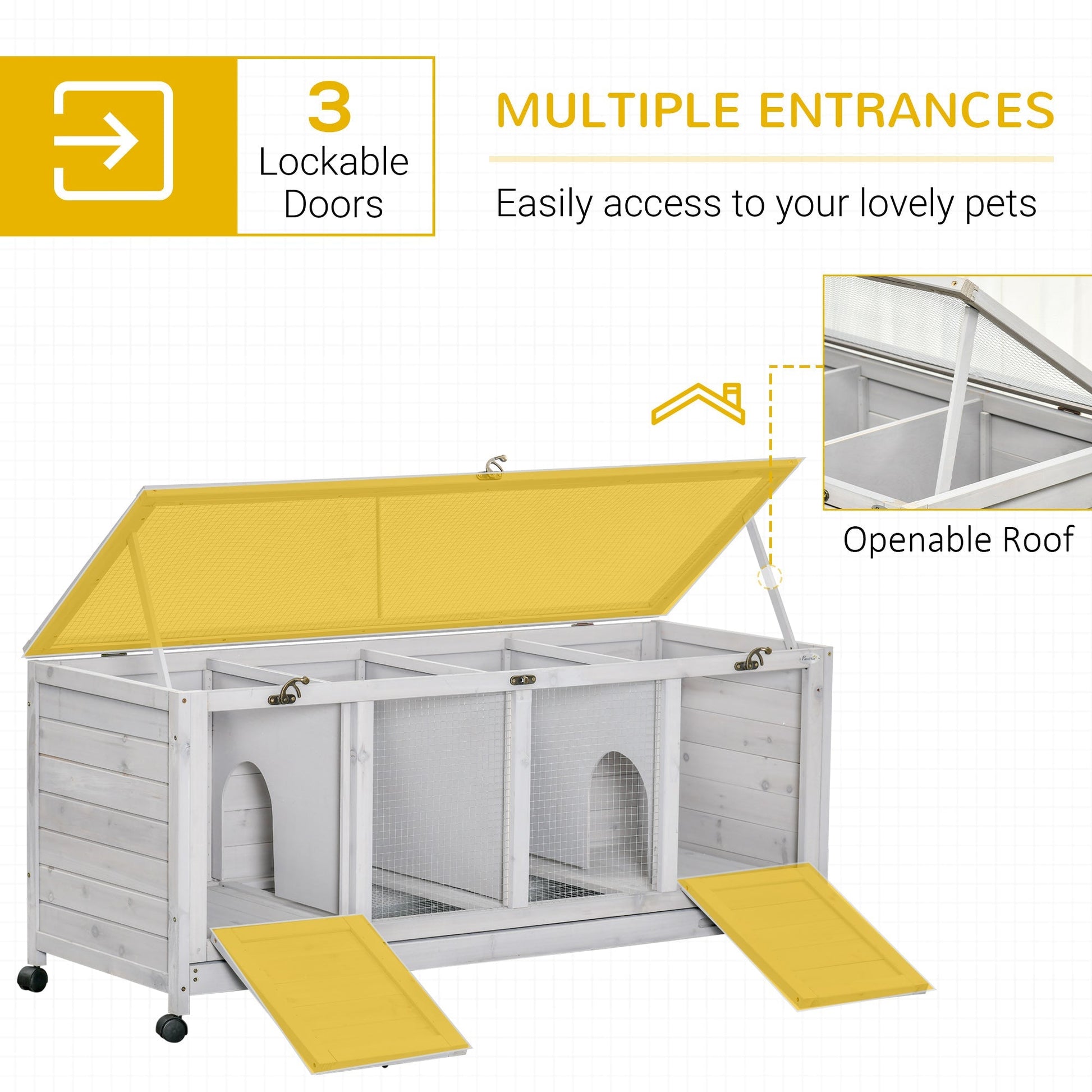 HKM-5864381 Spacious Rabbit Hutch with Wheels and Lockable Doors in Light Gray
